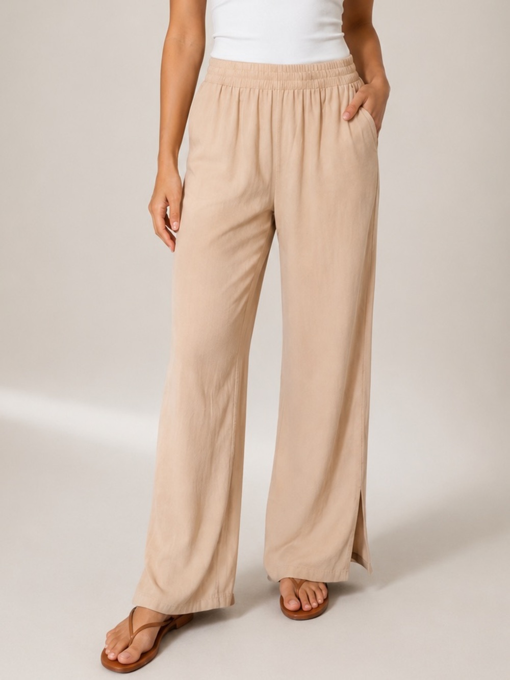 Open Edit Beige Wide-Leg Pants with Slits – Size M – Rayon Blend